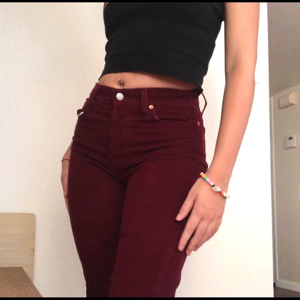 Burgundy corduroy Levi’s straight cut.